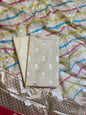 Off white Pure Mercerised Silk Banarasi 3 pcs Suit Set with Stripe Rangkaat Dupatta 1250SKL_MS2
