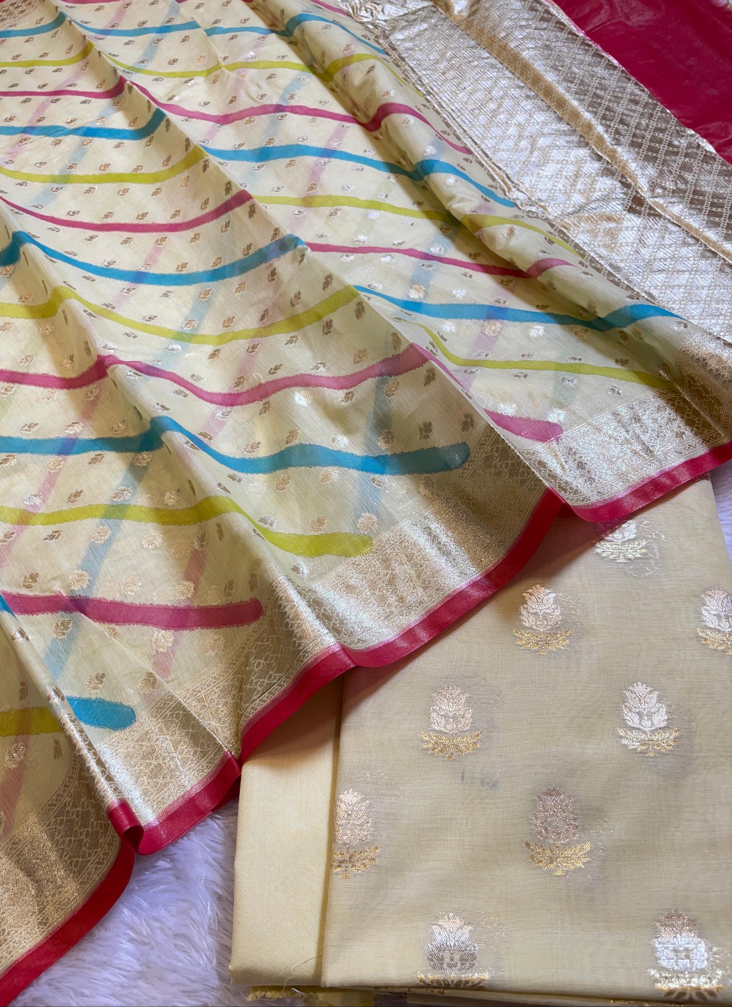Off white Pure Mercerised Silk Banarasi 3 pcs Suit Set with Stripe Rangkaat Dupatta 1250SKL_MS2