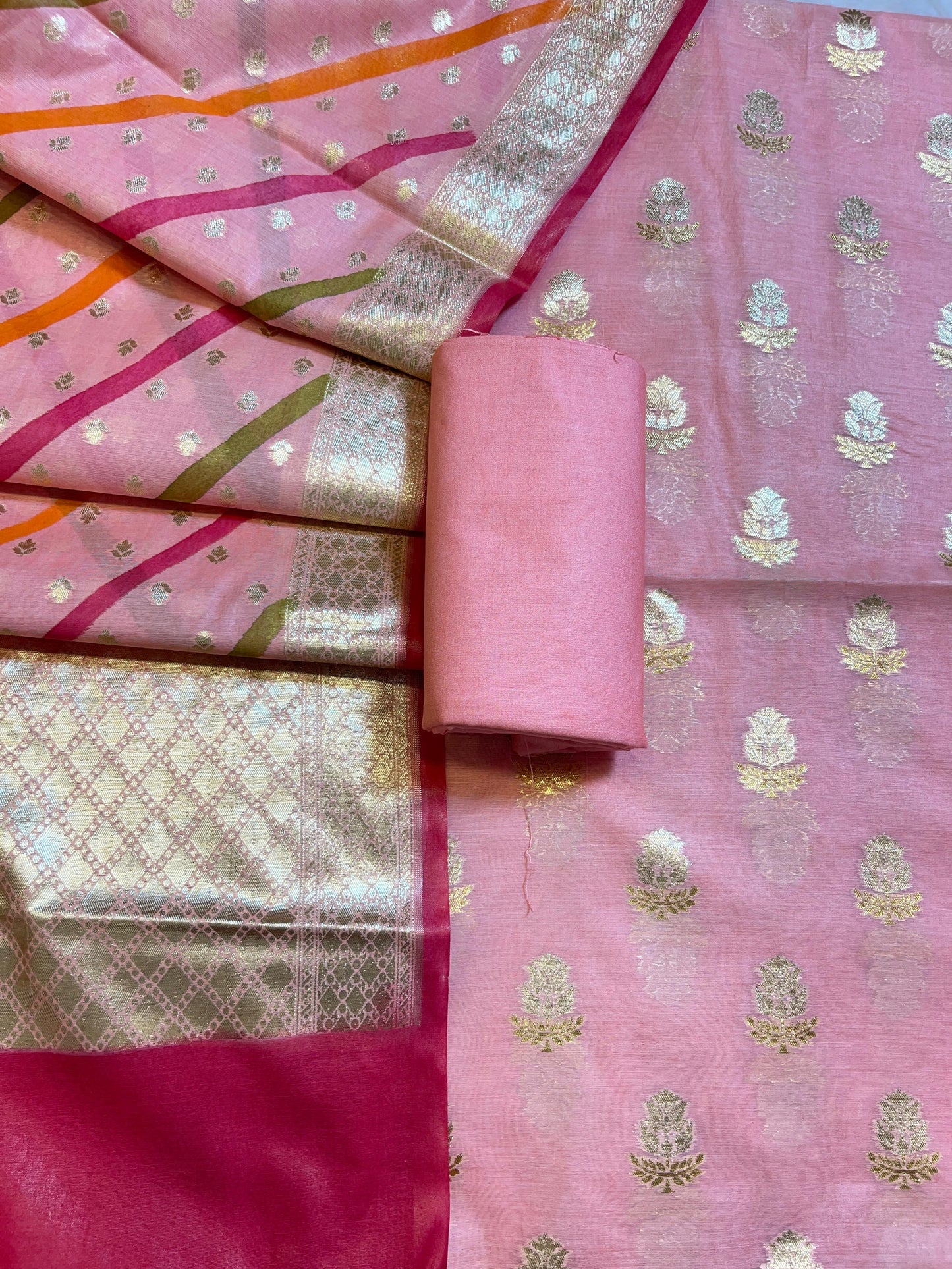 Peach Pure Mercerised Silk Banarasi 3 pcs Suit Set with Stripe Rangkaat Dupatta 1250SKL_MS3