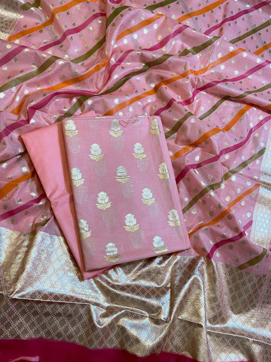 Peach Pure Mercerised Silk Banarasi 3 pcs Suit Set with Stripe Rangkaat Dupatta 1250SKL_MS3