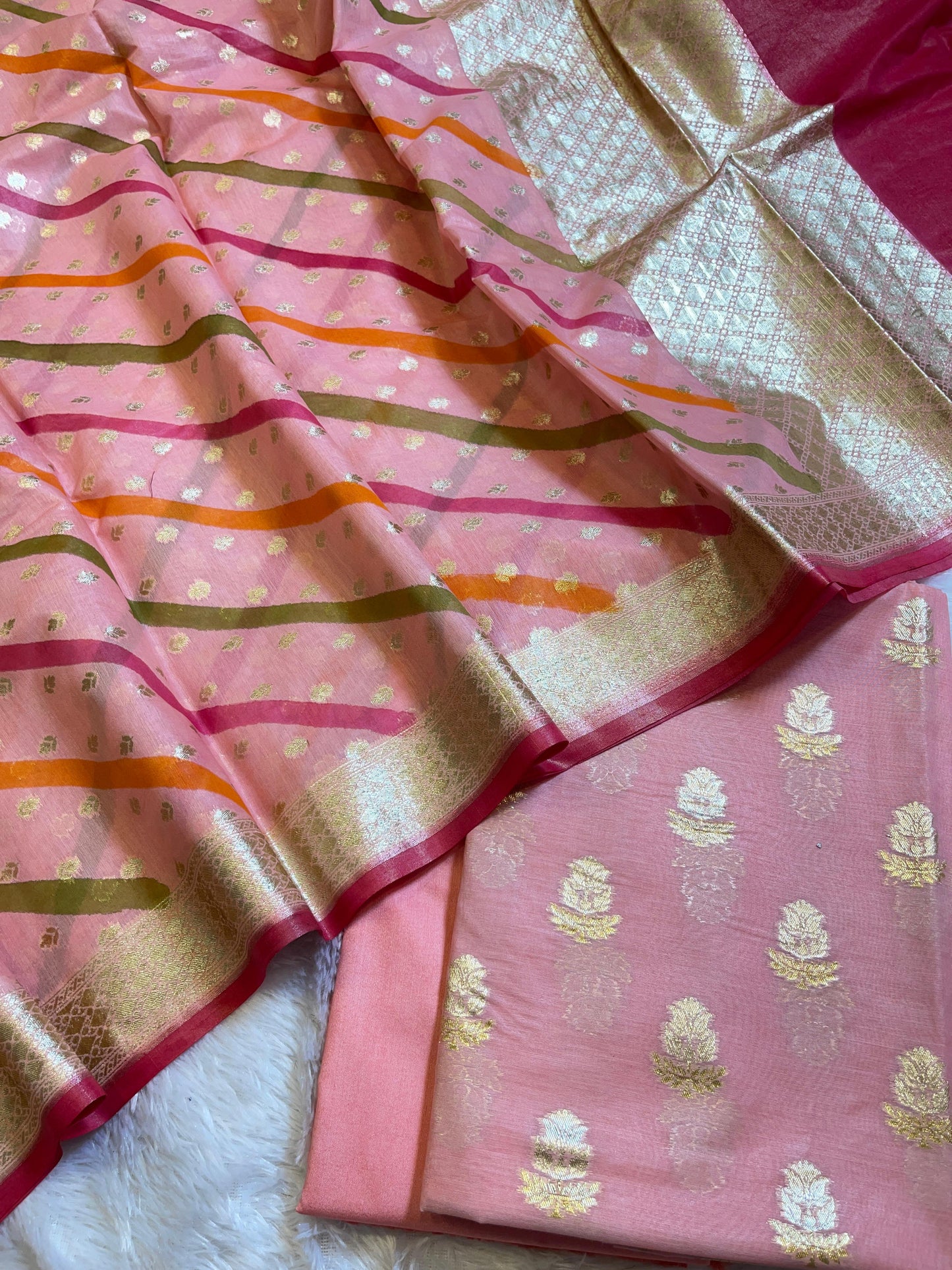 Peach Pure Mercerised Silk Banarasi 3 pcs Suit Set with Stripe Rangkaat Dupatta 1250SKL_MS3
