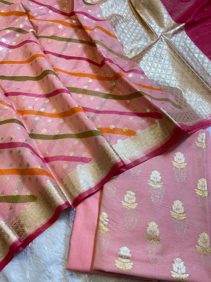 Peach Pure Mercerised Silk Banarasi 3 pcs Suit Set with Stripe Rangkaat Dupatta 1250SKL_MS3