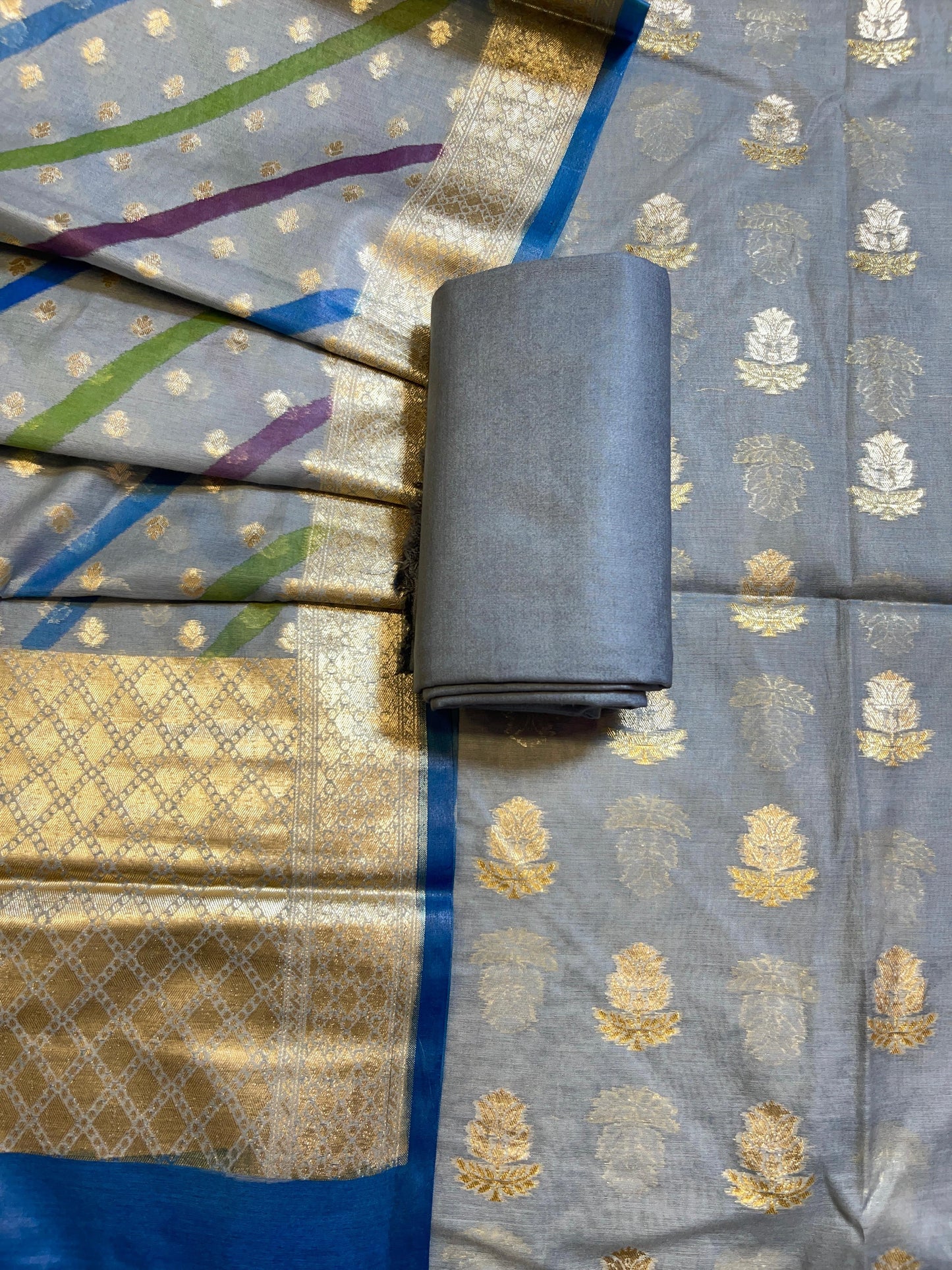 Light Grey Pure Mercerised Silk Banarasi 3 pcs Suit Set with Stripe Rangkaat Dupatta 1250SKL_MS4