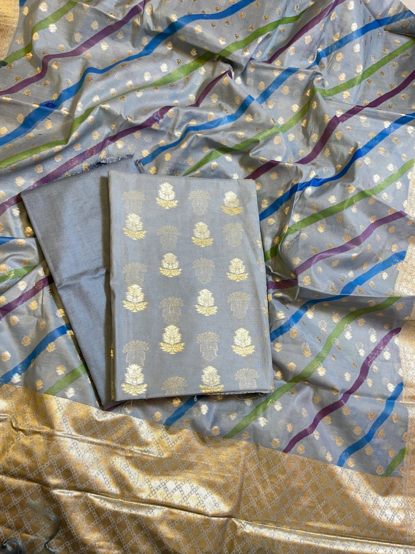 Light Grey Pure Mercerised Silk Banarasi 3 pcs Suit Set with Stripe Rangkaat Dupatta 1250SKL_MS4
