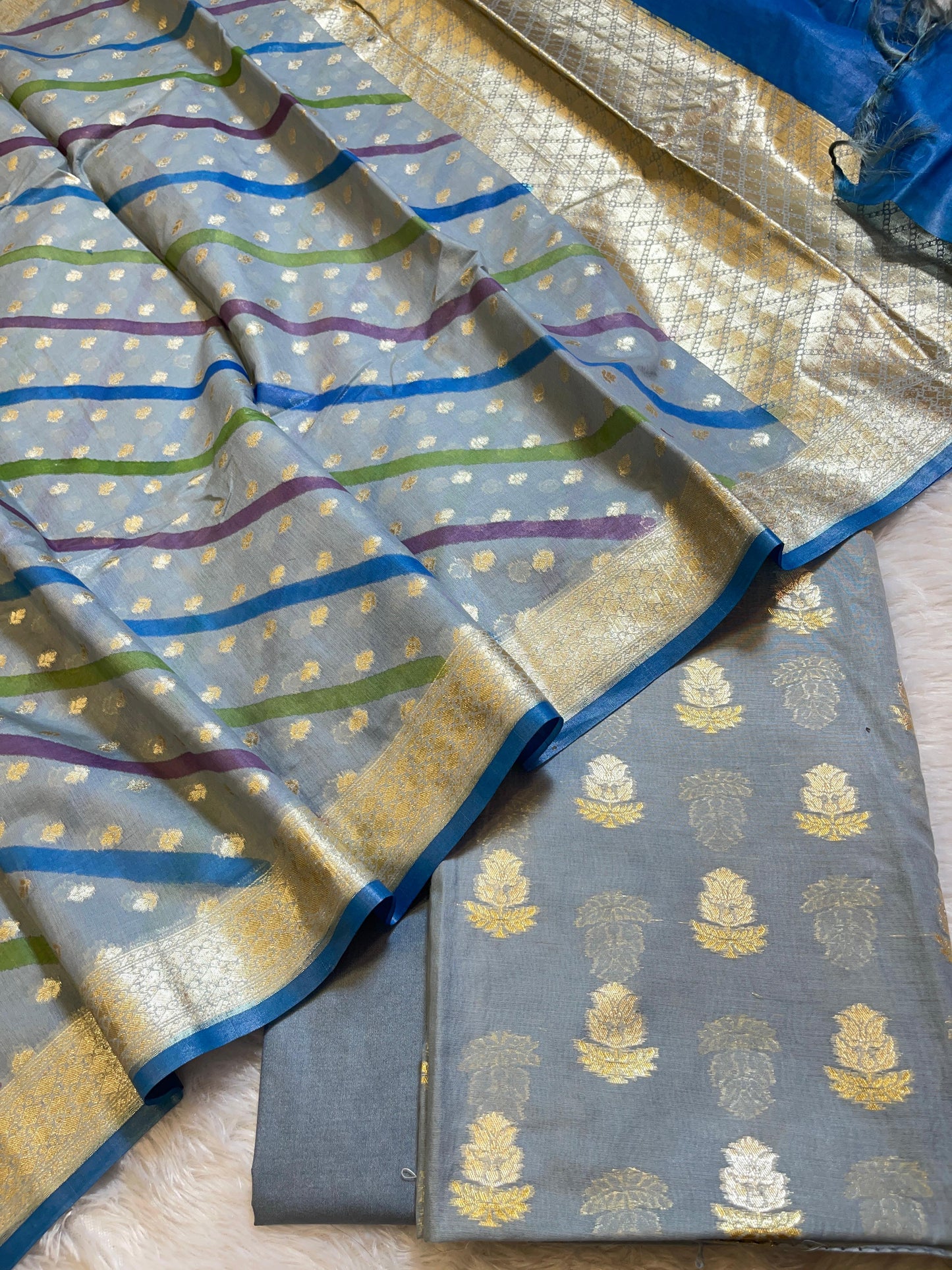 Light Grey Pure Mercerised Silk Banarasi 3 pcs Suit Set with Stripe Rangkaat Dupatta 1250SKL_MS4