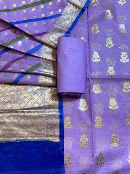 Light Purple Pure Mercerised Silk Banarasi 3 pcs Suit Set with Stripe Rangkaat Dupatta 1250SKL_MS6