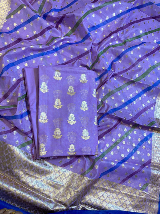 Light Purple Pure Mercerised Silk Banarasi 3 pcs Suit Set with Stripe Rangkaat Dupatta 1250SKL_MS6