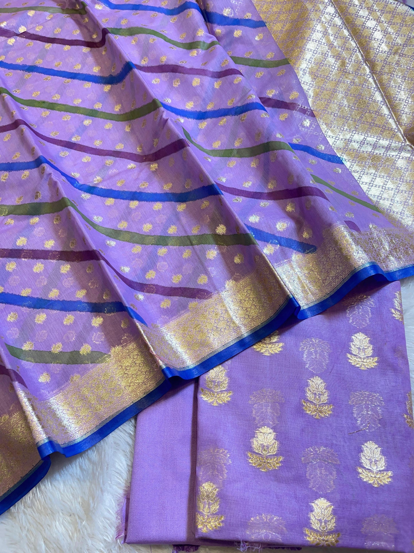 Light Purple Pure Mercerised Silk Banarasi 3 pcs Suit Set with Stripe Rangkaat Dupatta 1250SKL_MS6