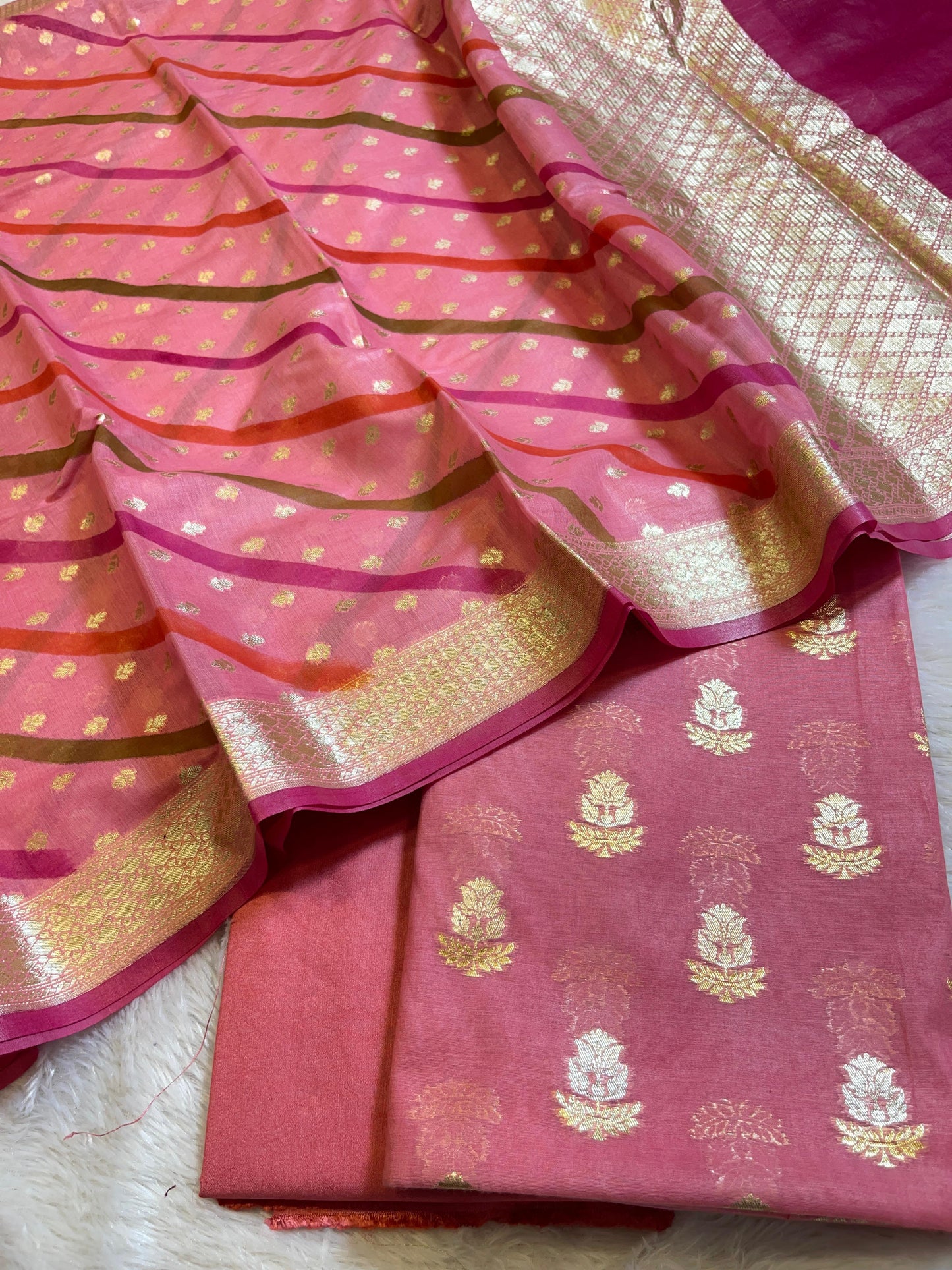 Pink Pure Mercerised Silk Banarasi 3 pcs Suit Set with Stripe Rangkaat Dupatta 1250SKL_MS5