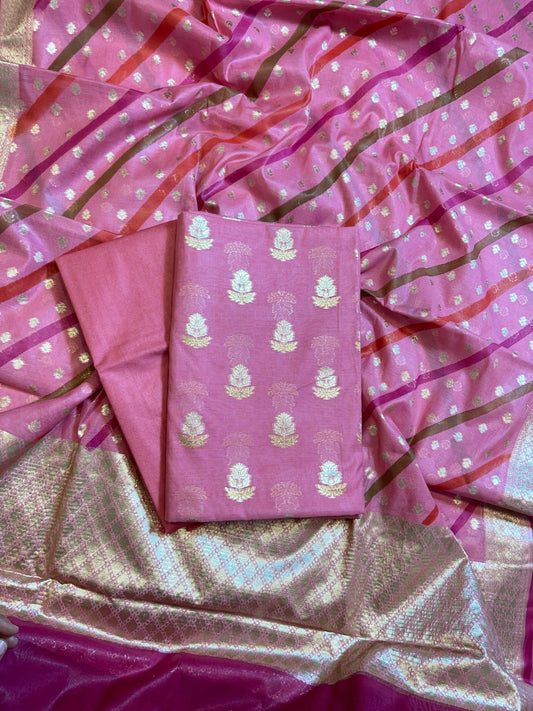 Pink Pure Mercerised Silk Banarasi 3 pcs Suit Set with Stripe Rangkaat Dupatta 1250SKL_MS5