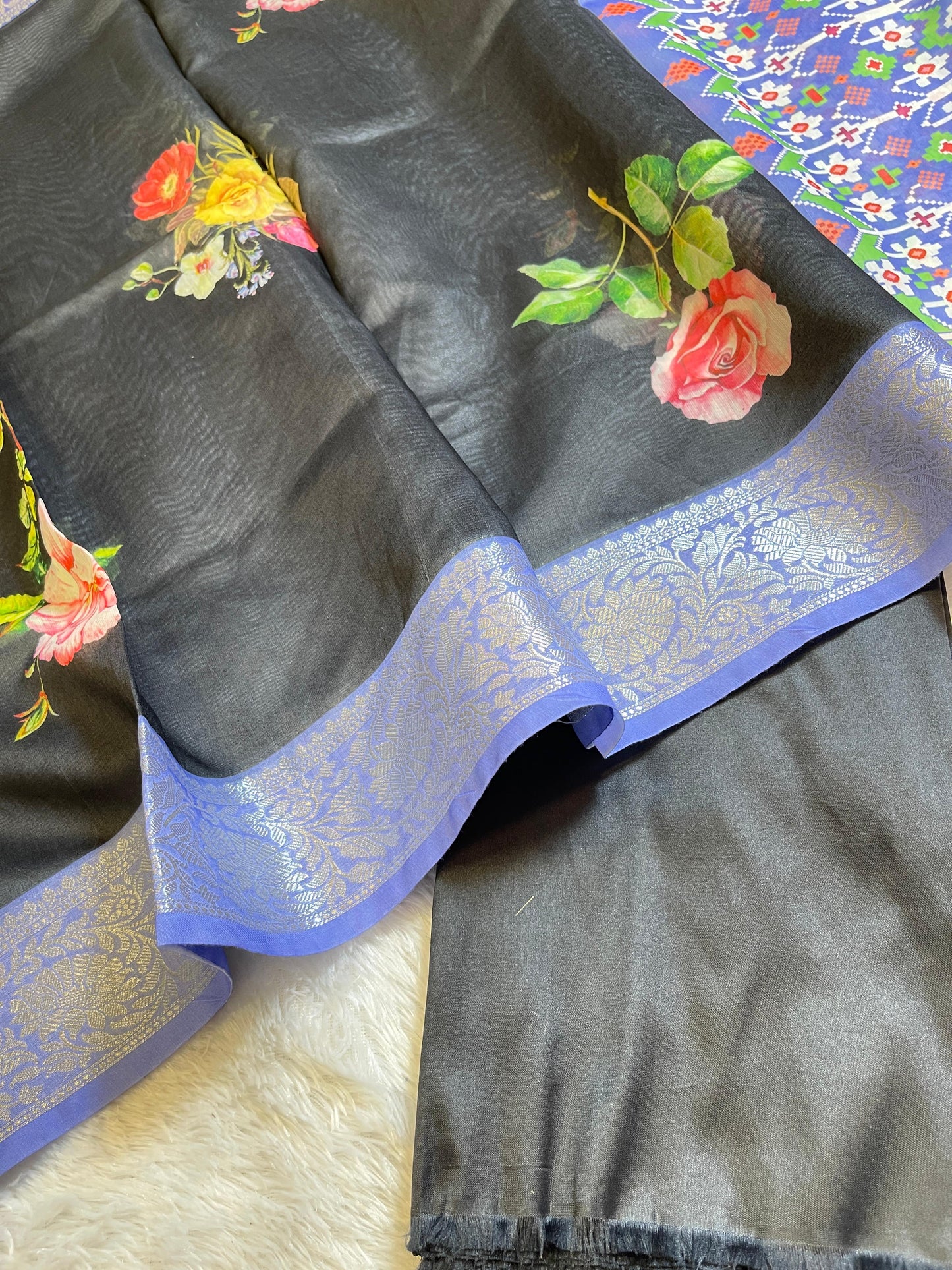 Black Plain Mercerised Silk Banarasi Suit Set with Contrast Blue Digital Print Dupatta 650SKL_MS1