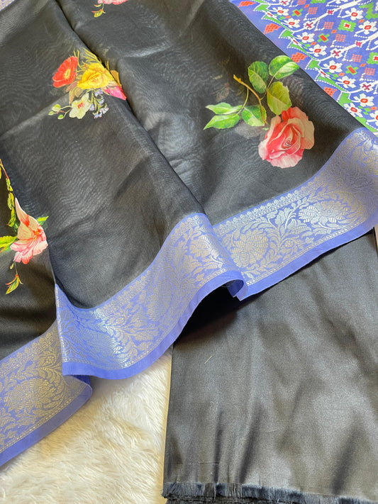 Black Plain Mercerised Silk Banarasi Suit Set with Contrast Blue Digital Print Dupatta 650SKL_MS1