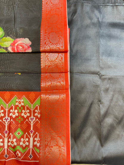 Black Plain Mercerised Silk Banarasi Suit Set with Contrast Red Digital Print Dupatta 650SKL_MS2