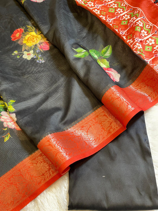 Black Plain Mercerised Silk Banarasi Suit Set with Contrast Red Digital Print Dupatta 650SKL_MS2