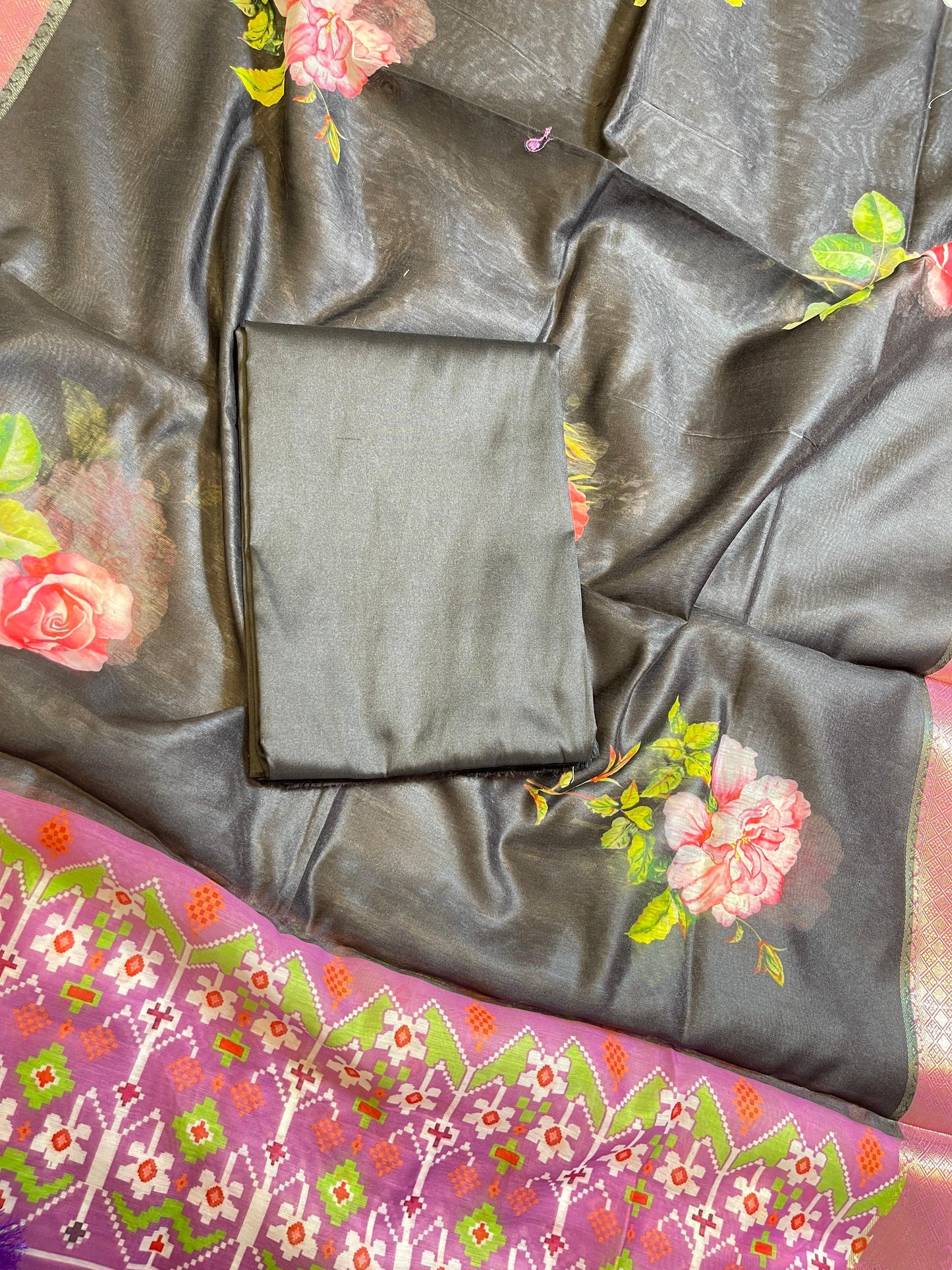 Black Plain Mercerised Silk Banarasi Suit Set with Contrast Purple Digital Print Dupatta 650SKL_MS3