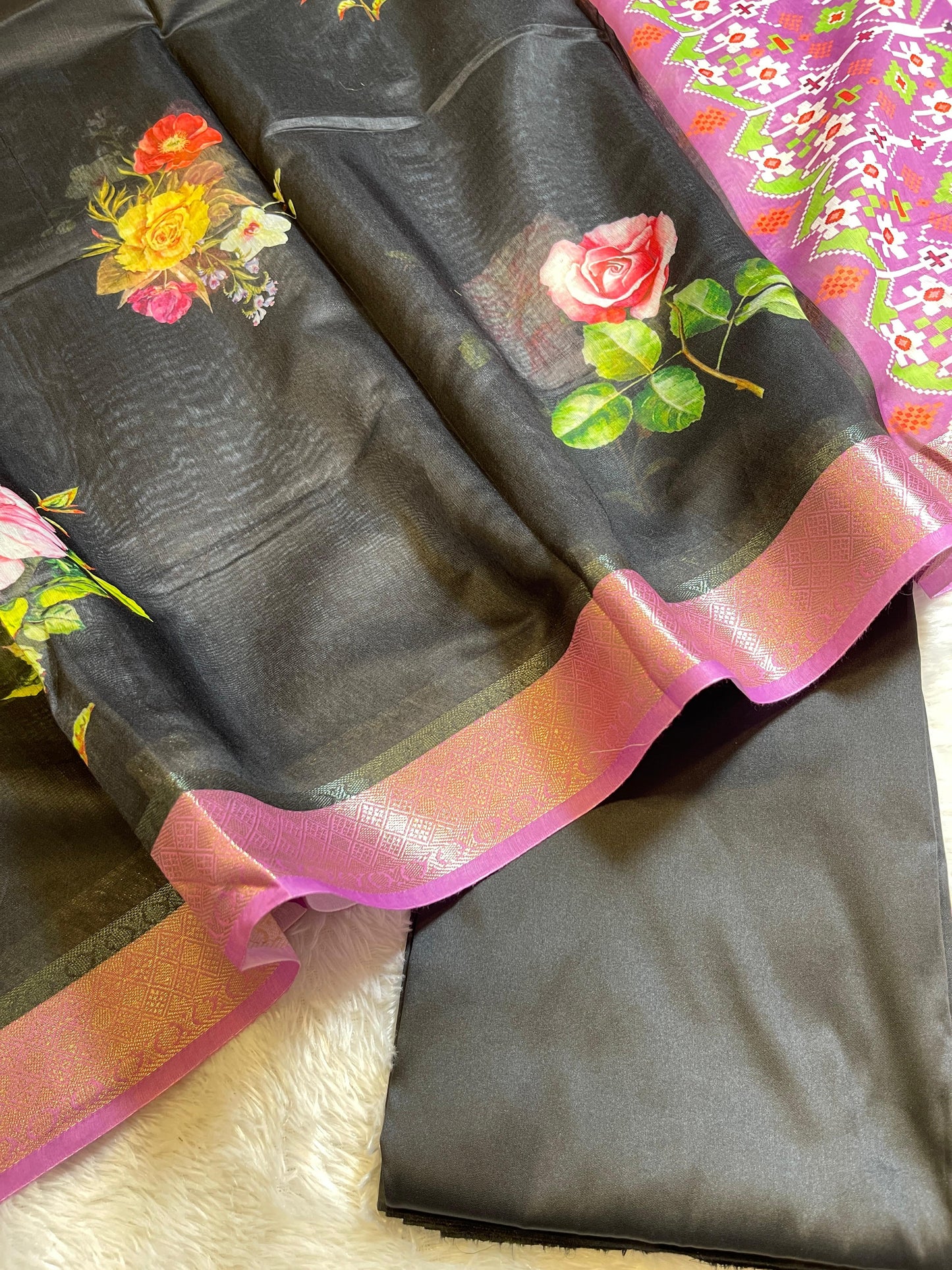 Black Plain Mercerised Silk Banarasi Suit Set with Contrast Purple Digital Print Dupatta 650SKL_MS3
