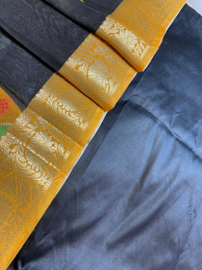 Black Plain Mercerised Silk Banarasi Suit Set with Contrast Yellow Digital Print Dupatta 650SKL_MS4