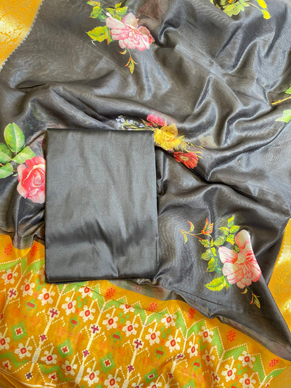 Black Plain Mercerised Silk Banarasi Suit Set with Contrast Yellow Digital Print Dupatta 650SKL_MS4