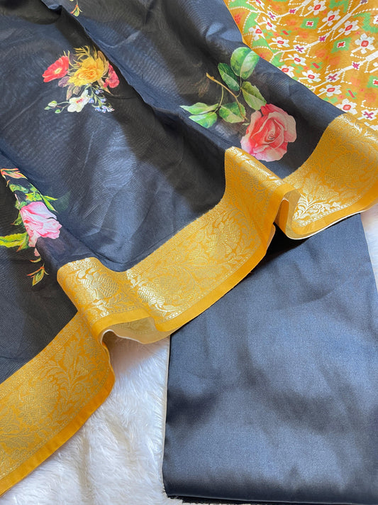 Black Plain Mercerised Silk Banarasi Suit Set with Contrast Yellow Digital Print Dupatta 650SKL_MS4