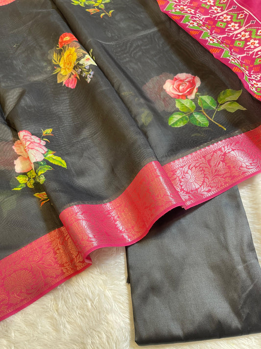 Black Plain Mercerised Silk Banarasi Suit Set with Contrast Pink Digital Print Dupatta 650SKL_MS5