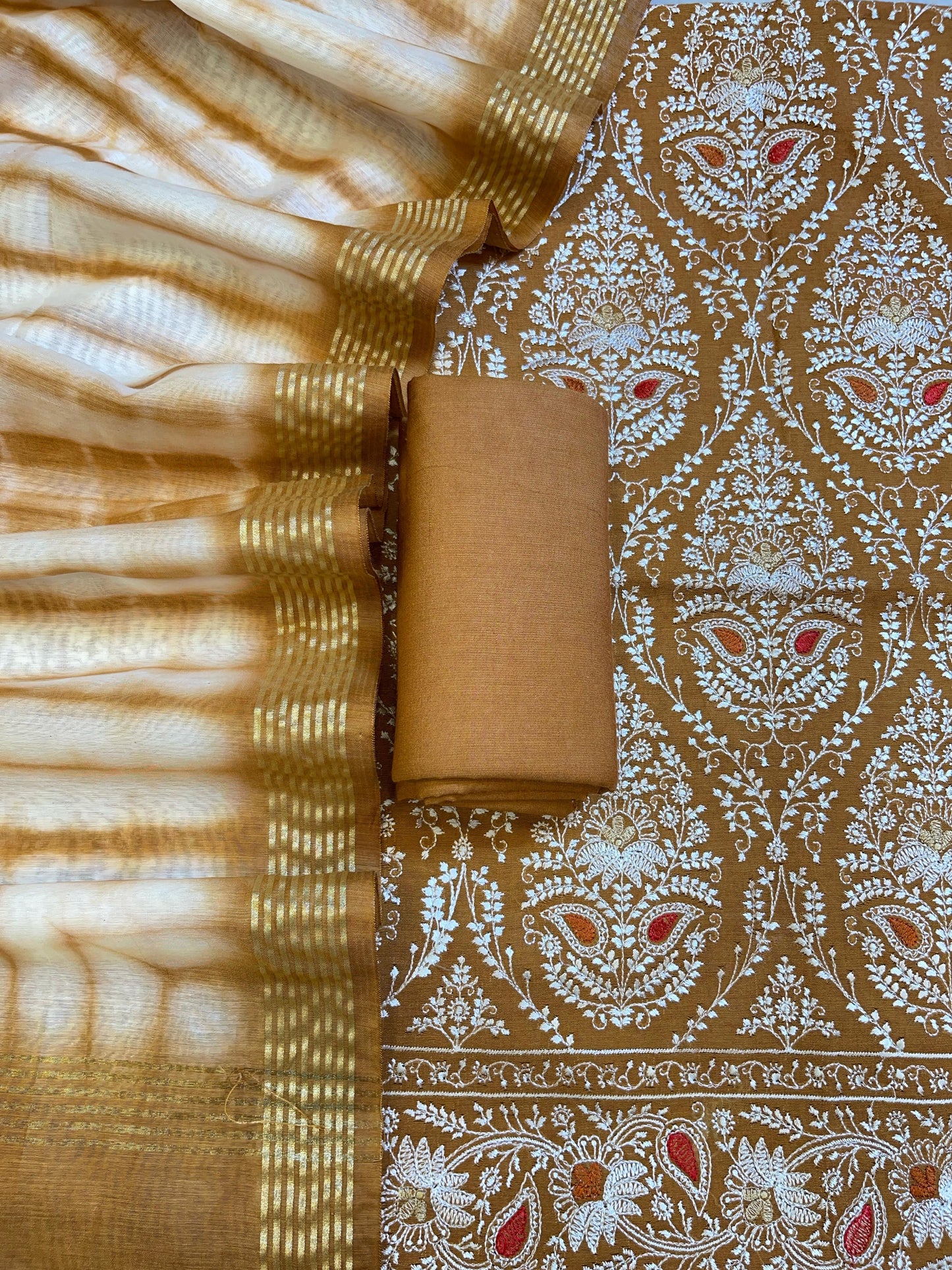 Brown Pure Mercerised Cotton Embroidery Banarasi 3 pcs Suit Set 1200SKL_CE1