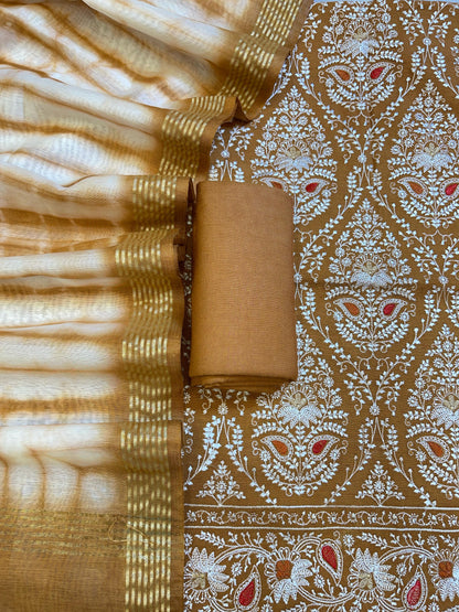 Brown Pure Mercerised Cotton Embroidery Banarasi 3 pcs Suit Set 1200SKL_CE1