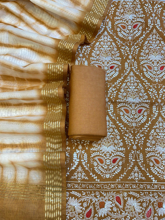Brown Pure Mercerised Cotton Embroidery Banarasi 3 pcs Suit Set 1200SKL_CE1