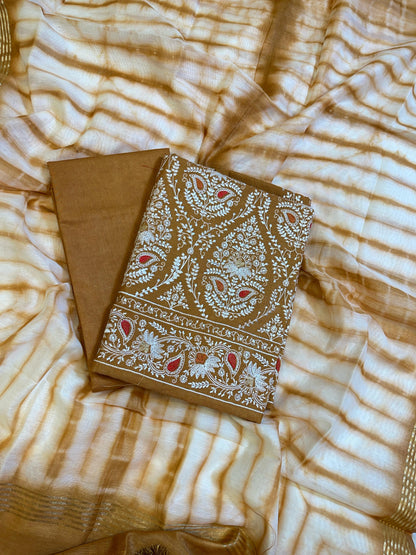 Brown Pure Mercerised Cotton Embroidery Banarasi 3 pcs Suit Set 1200SKL_CE1
