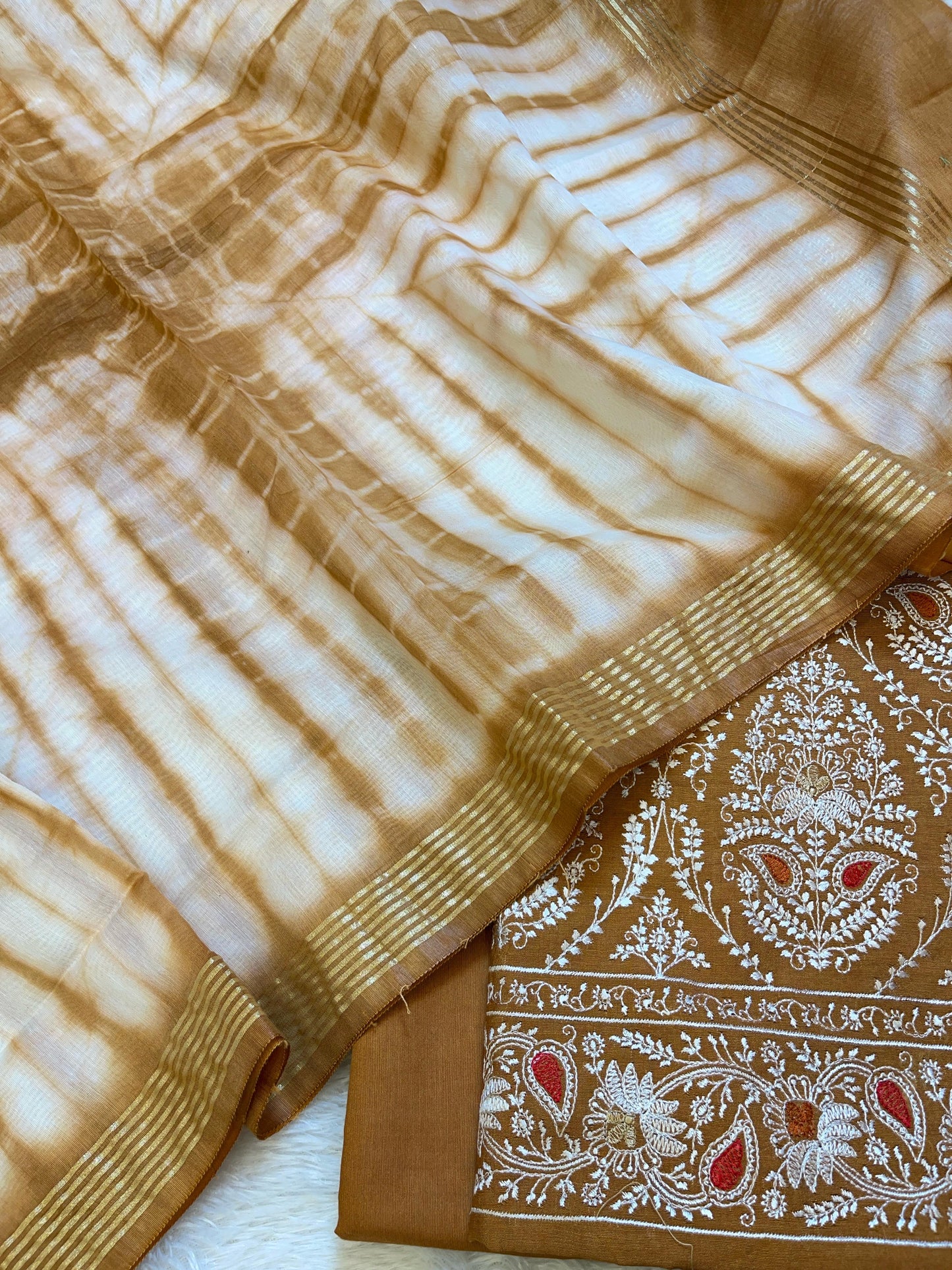 Brown Pure Mercerised Cotton Embroidery Banarasi 3 pcs Suit Set 1200SKL_CE1