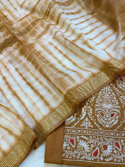 Brown Pure Mercerised Cotton Embroidery Banarasi 3 pcs Suit Set 1200SKL_CE1