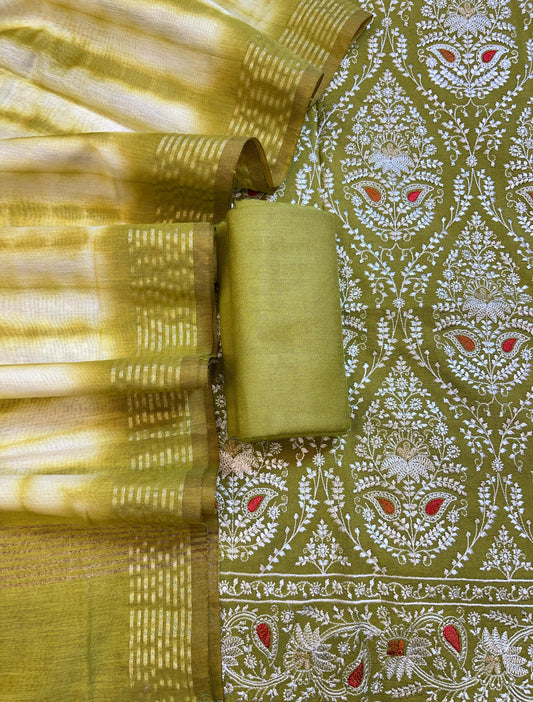 Green Pure Mercerised Cotton Embroidery Banarasi 3 pcs Suit Set 1200SKL_CE2