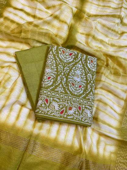 Green Pure Mercerised Cotton Embroidery Banarasi 3 pcs Suit Set 1200SKL_CE2