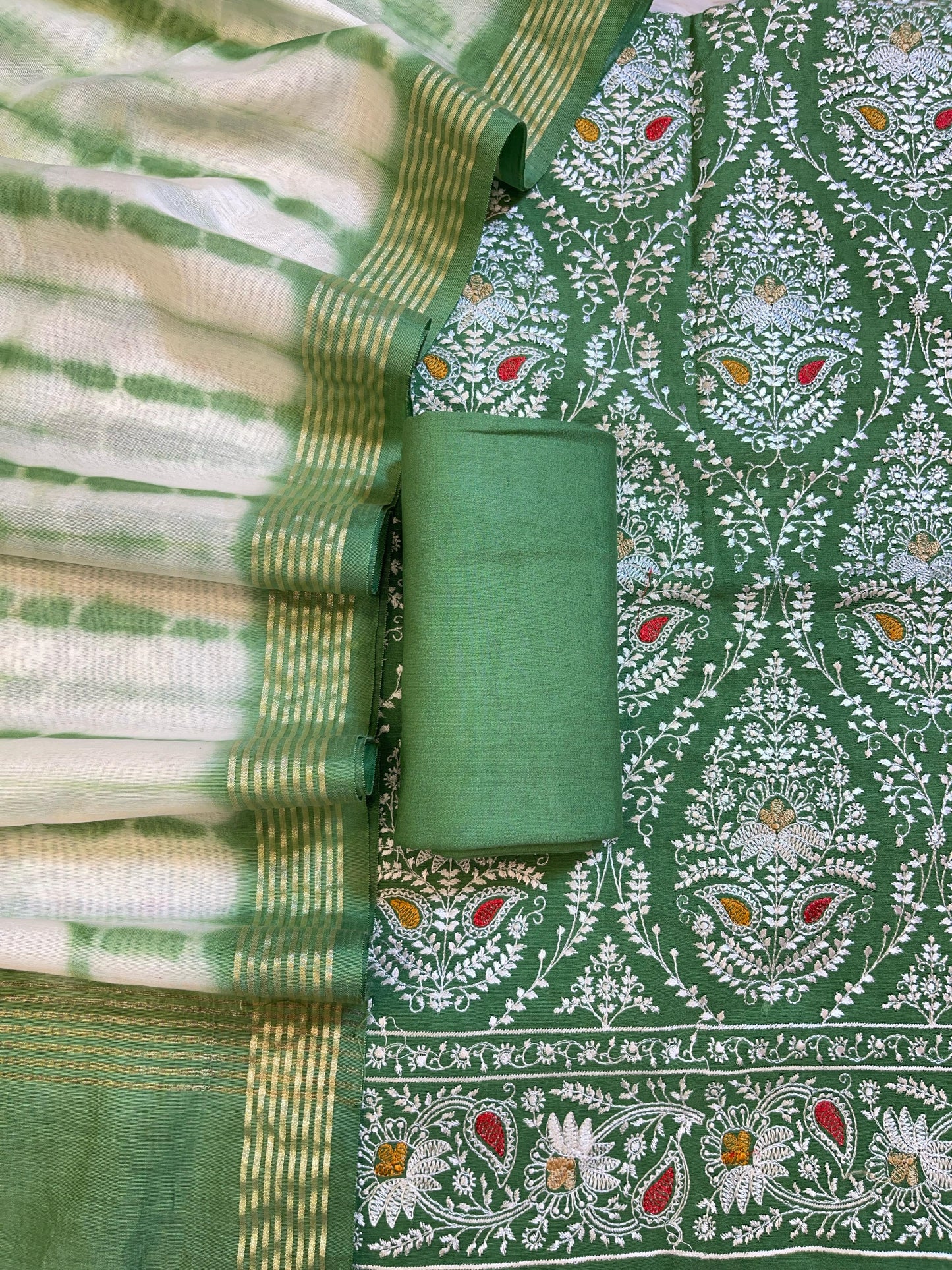 Sea Green Pure Mercerised Cotton Embroidery Banarasi 3 pcs Suit Set 1200SKL_CE3