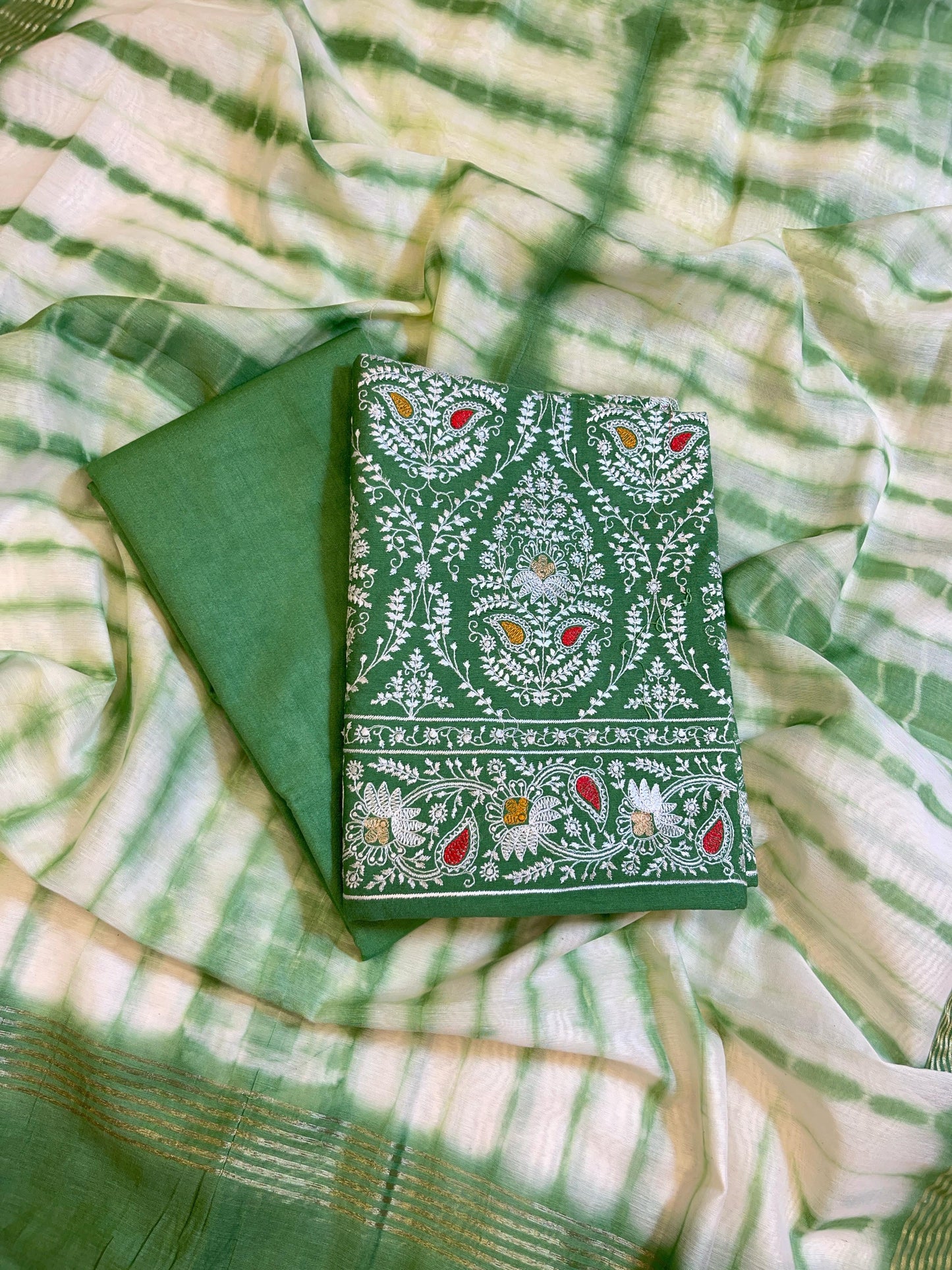 Sea Green Pure Mercerised Cotton Embroidery Banarasi 3 pcs Suit Set 1200SKL_CE3