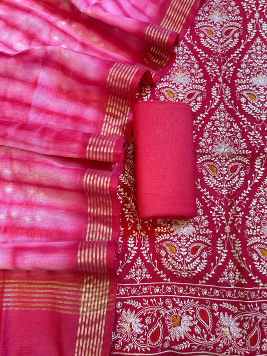 Pink Pure Mercerised Cotton Embroidery Banarasi 3 pcs Suit Set 1200SKL_CE4