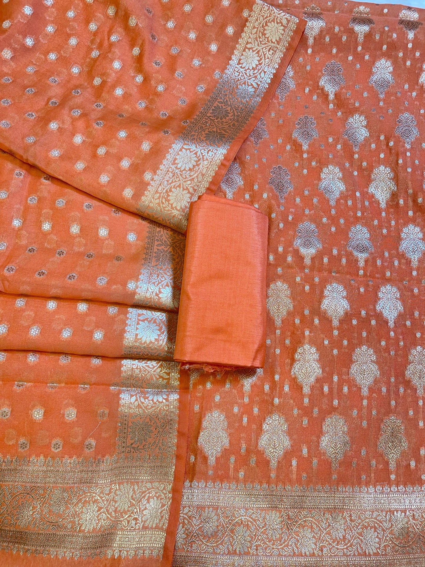 Orange Georgette Silver Zari Banarasi 3 pcs Suit Set 1200SKL_GE1