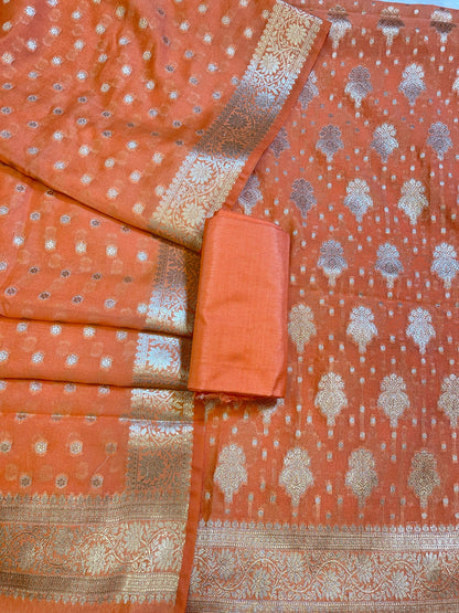 Orange Georgette Silver Zari Banarasi 3 pcs Suit Set 1200SKL_GE1