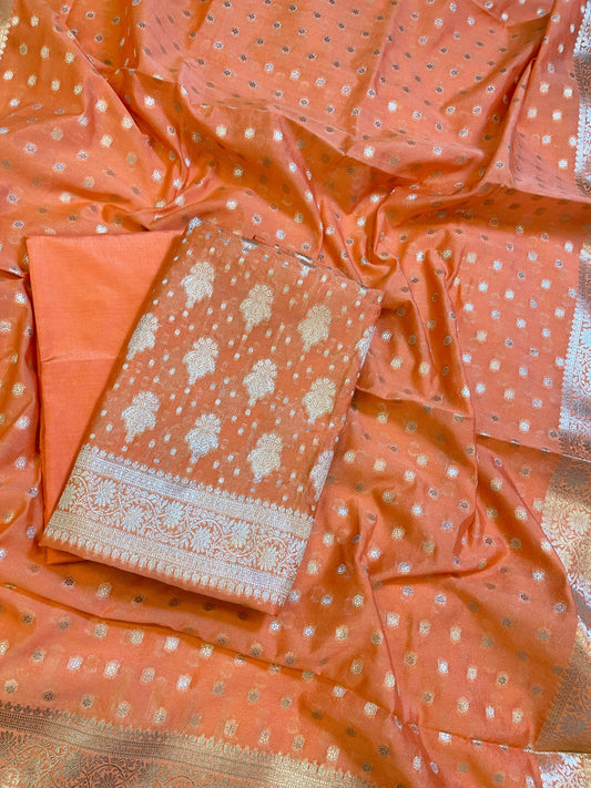 Orange Georgette Silver Zari Banarasi 3 pcs Suit Set 1200SKL_GE1