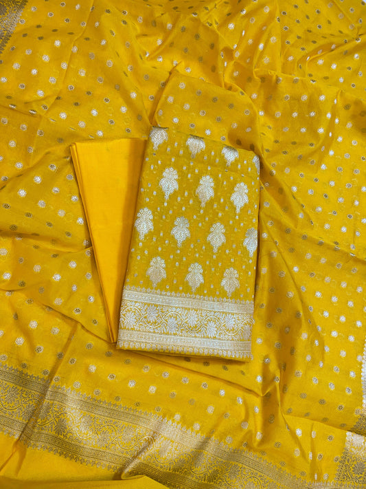 Yellow Georgette Silver Zari Banarasi 3 pcs Suit Set 1200SKL_GE2