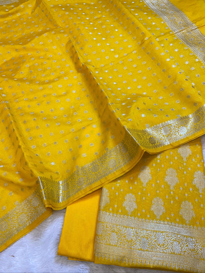 Yellow Georgette Silver Zari Banarasi 3 pcs Suit Set 1200SKL_GE2