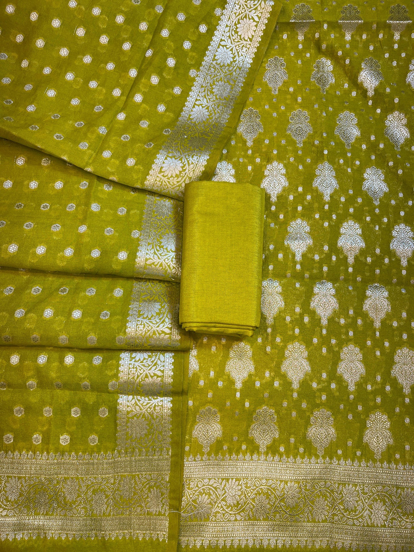 Green Georgette Silver Zari Banarasi 3 pcs Suit Set 1200SKL_GE3
