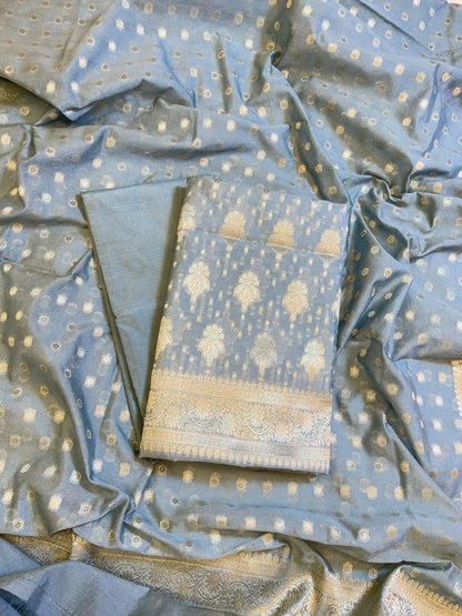 Grey Georgette Silver Zari Banarasi 3 pcs Suit Set 1200SKL_GE4