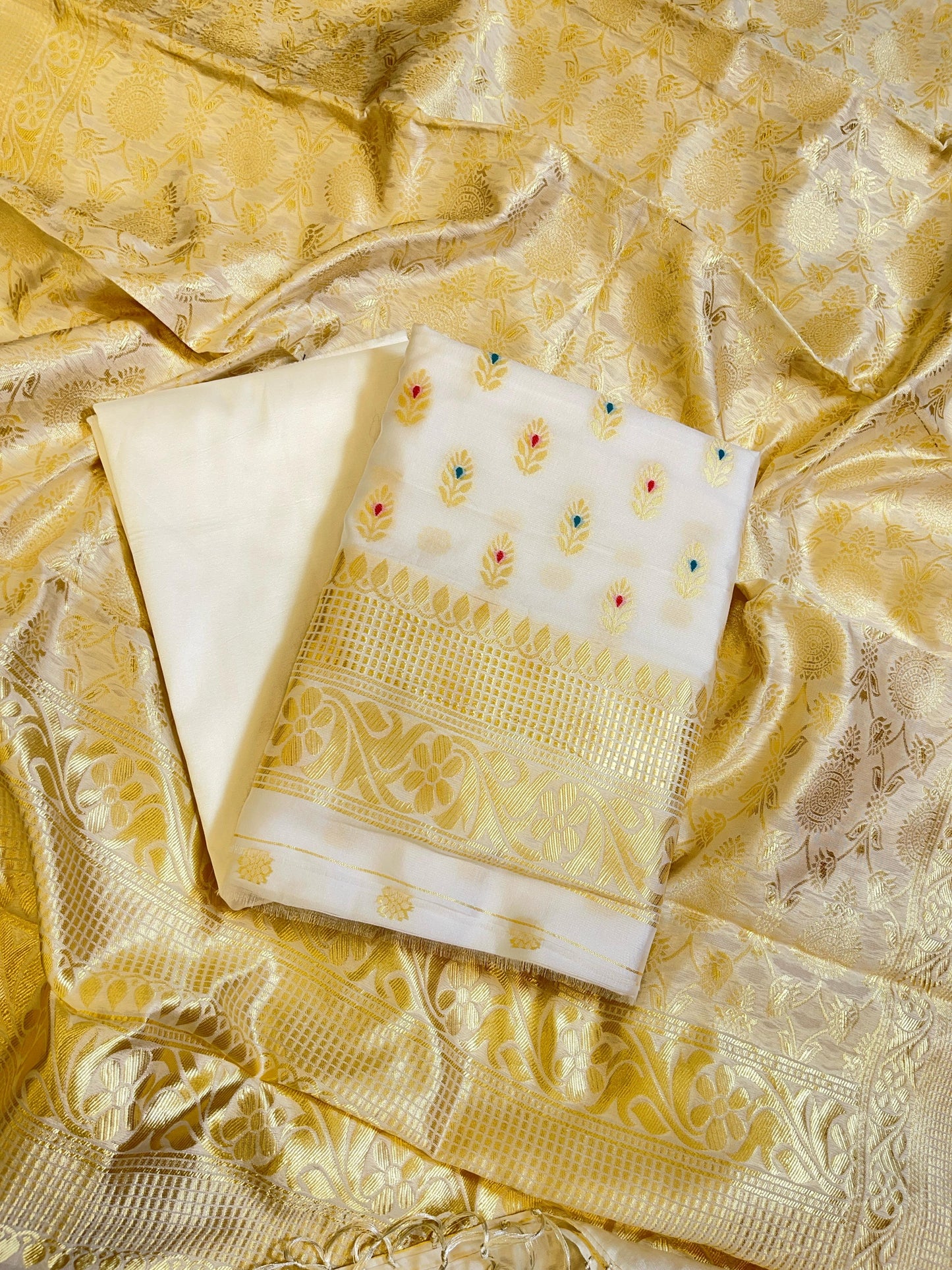 Off white Butter Silk Zari Mina Booti Banarasi 3 pcs Suit Set 600SKL_BS17