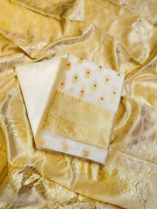 Off white Butter Silk Zari Mina Booti Banarasi 3 pcs Suit Set 600SKL_BS17