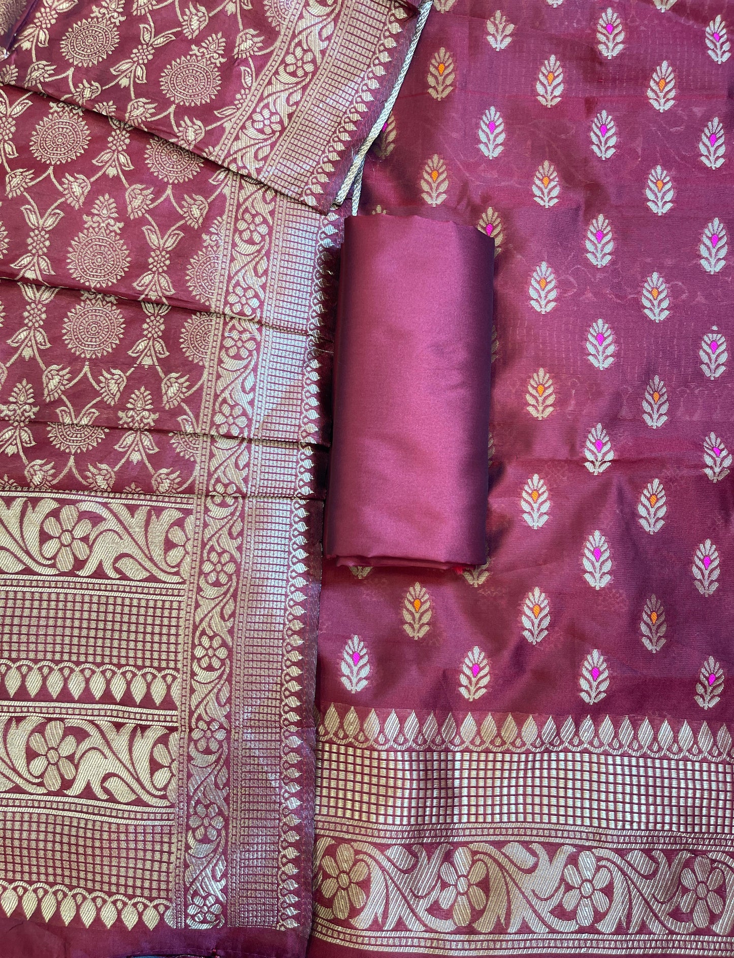 Maroon Butter Silk Zari Mina Booti Banarasi 3 pcs Suit Set 600SKL_BS1