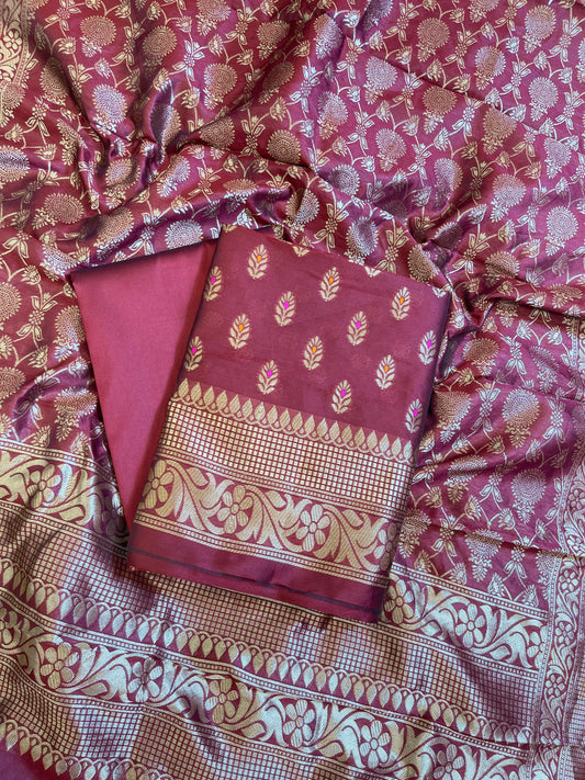 Maroon Butter Silk Zari Mina Booti Banarasi 3 pcs Suit Set 600SKL_BS1