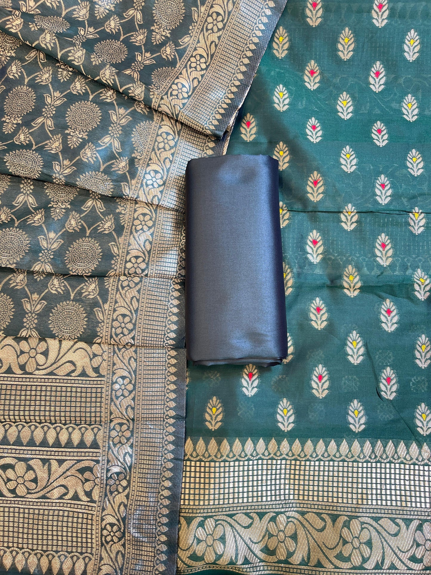 Bottle Green Butter Silk Zari Mina Booti Banarasi 3 pcs Suit Set 600SKL_BS3