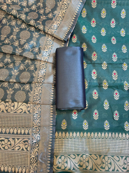 Bottle Green Butter Silk Zari Mina Booti Banarasi 3 pcs Suit Set 600SKL_BS3