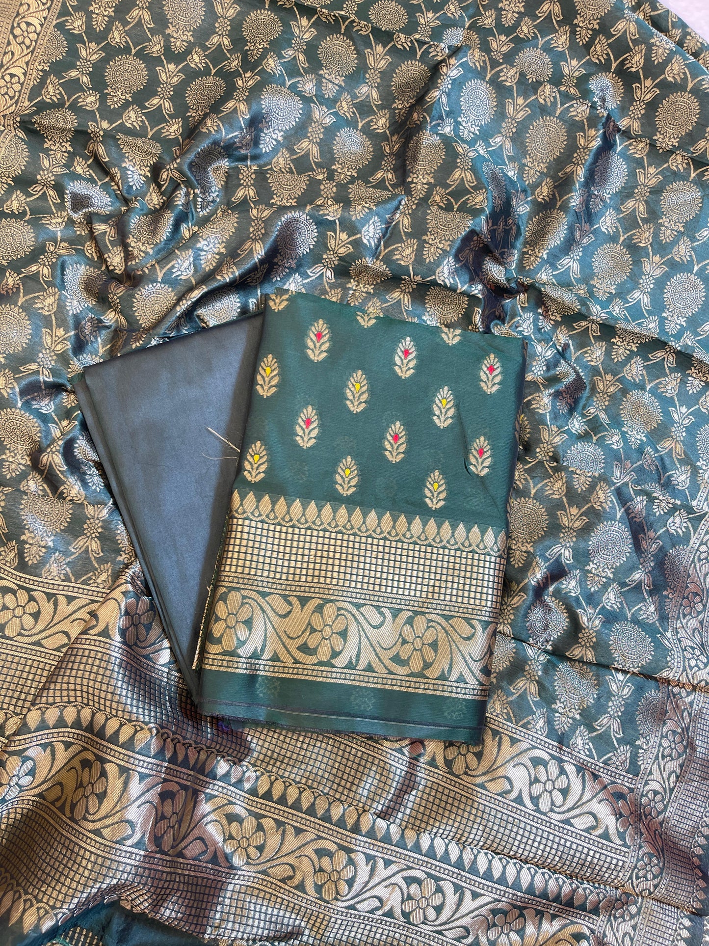 Bottle Green Butter Silk Zari Mina Booti Banarasi 3 pcs Suit Set 600SKL_BS3