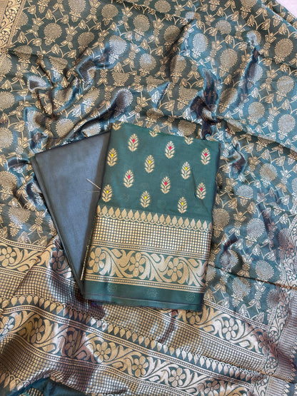 Bottle Green Butter Silk Zari Mina Booti Banarasi 3 pcs Suit Set 600SKL_BS3